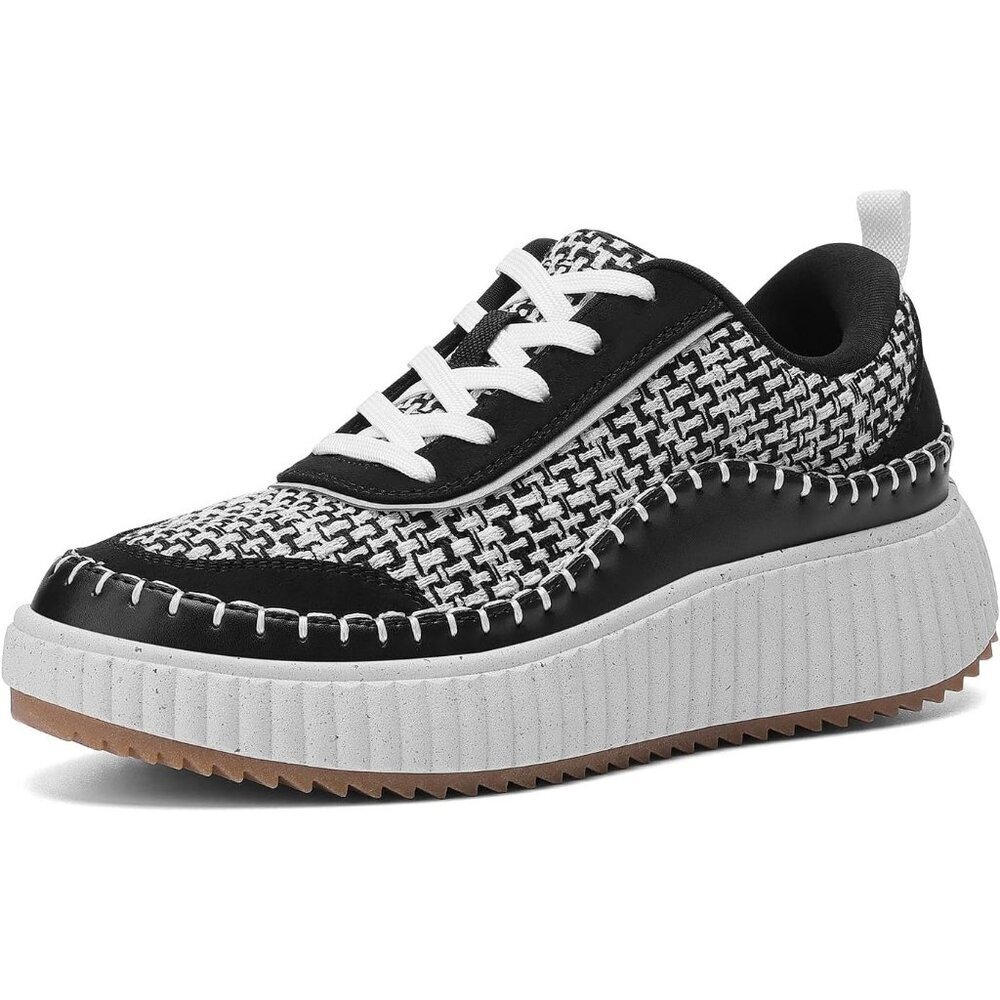 Women's Black Chunky City Tweed Comfortable Casual Platform Fashion Sneaker